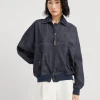 Denim-effect twill bomber jacket with shiny zipper pull