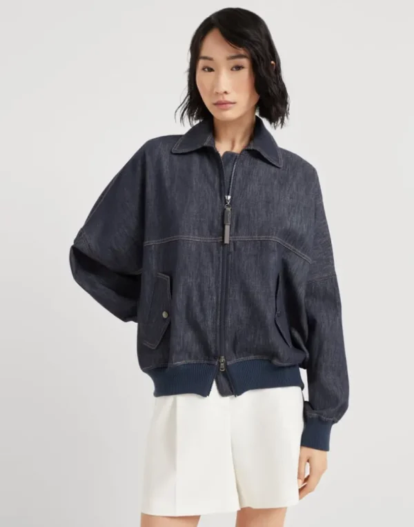 Denim-effect twill bomber jacket with shiny zipper pull