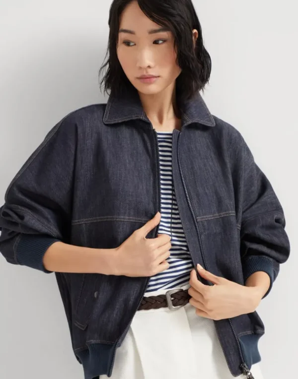 Denim-effect twill bomber jacket with shiny zipper pull