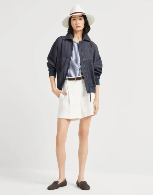 Denim-effect twill bomber jacket with shiny zipper pull