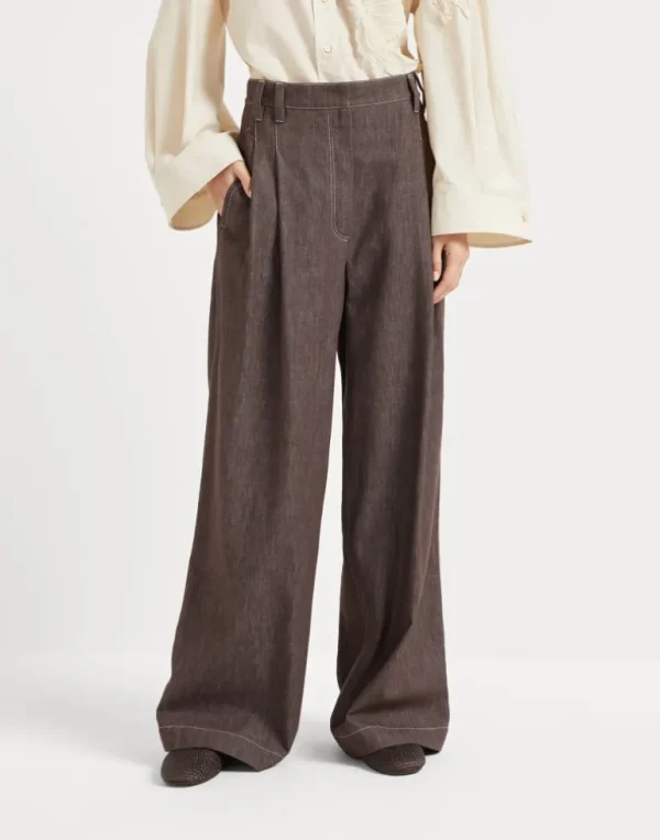 Denim-effect twill smart wide trousers with monili