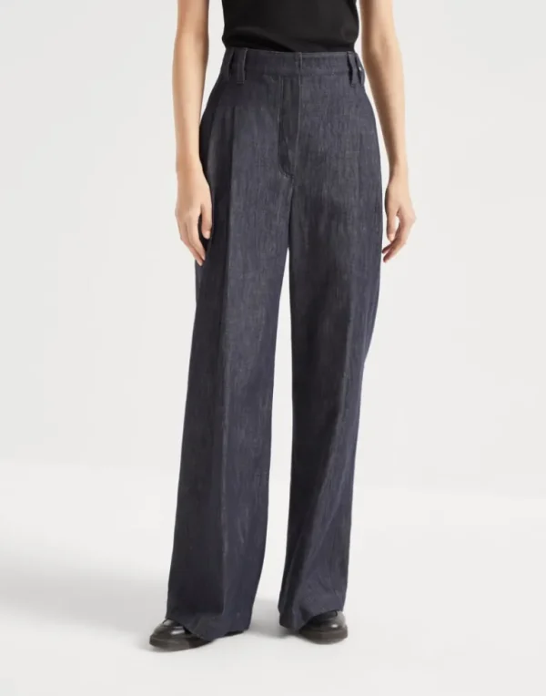 Denim-effect twill smart wide trousers with monili