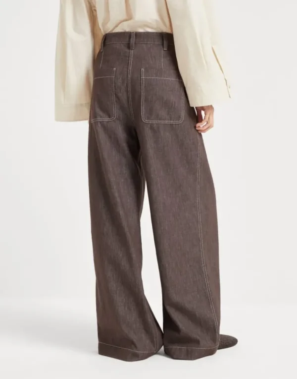 Denim-effect twill smart wide trousers with monili