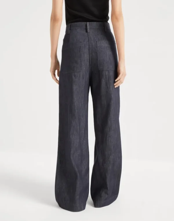 Denim-effect twill smart wide trousers with monili