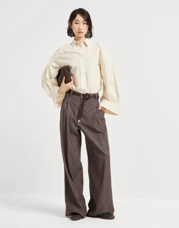 Denim-effect twill smart wide trousers with monili