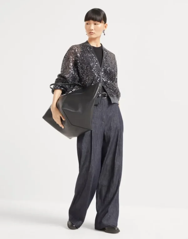 Denim-effect twill smart wide trousers with monili