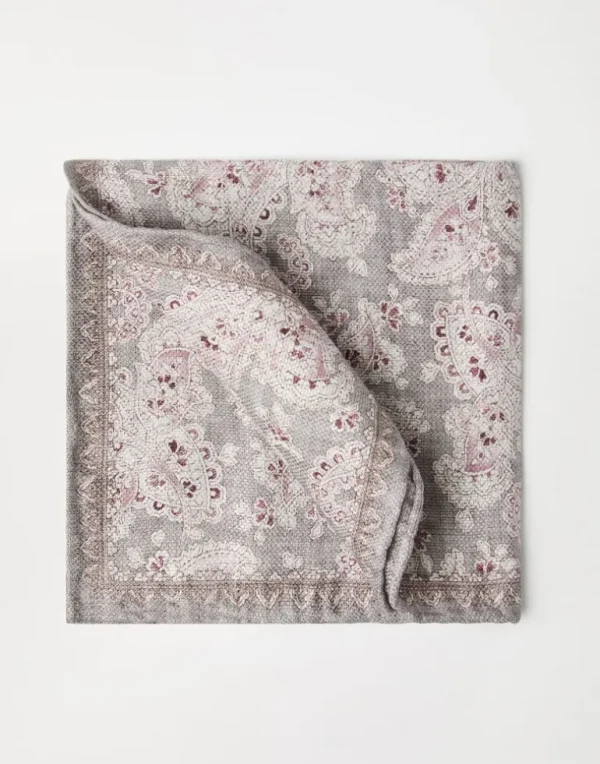 Double face linen and silk pocket square with paisley design