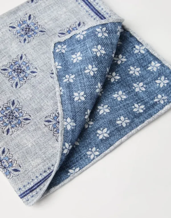 Double face linen and silk pocket square with floral design