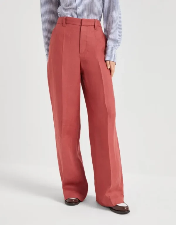 Dyed hemp and linen gabardine loose trousers with monili