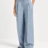 Dyed hemp and linen gabardine loose pleated trousers with monili