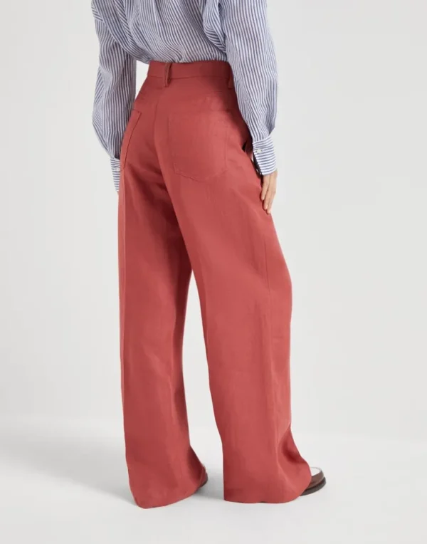 Dyed hemp and linen gabardine loose trousers with monili