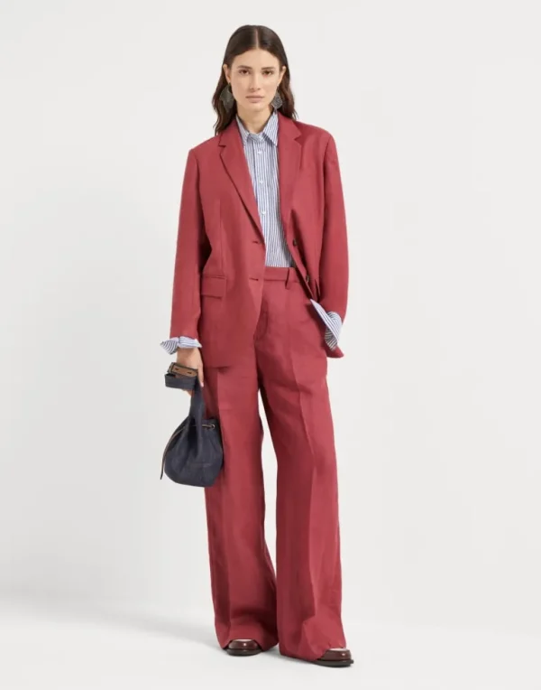 Dyed hemp and linen gabardine loose trousers with monili