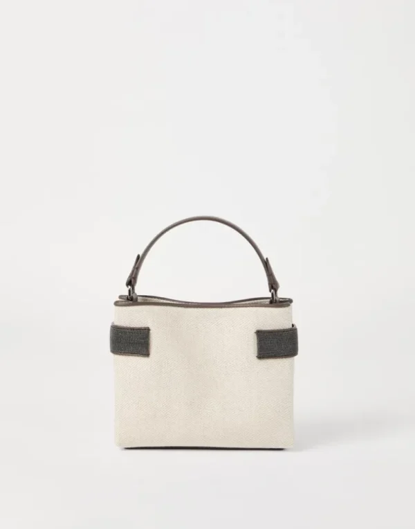 Essence small top-handle bag in cotton and linen drill with precious bands