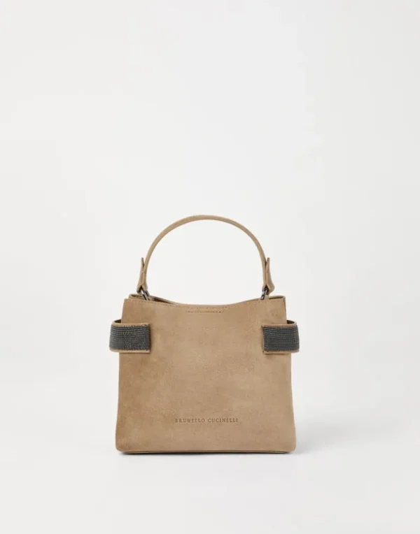 Essence small top-handle bag in suede with precious bands