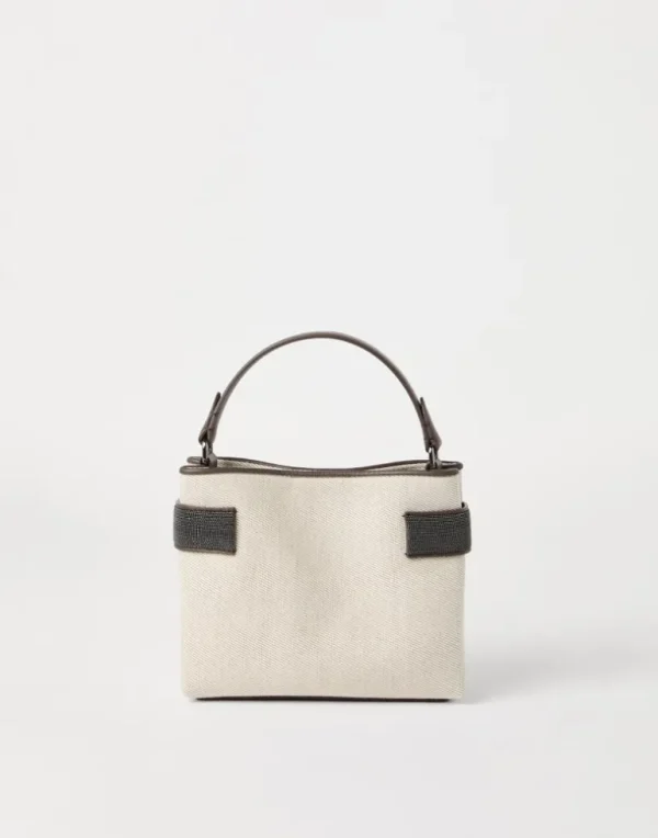 Essence small top-handle bag in cotton and linen drill with precious bands