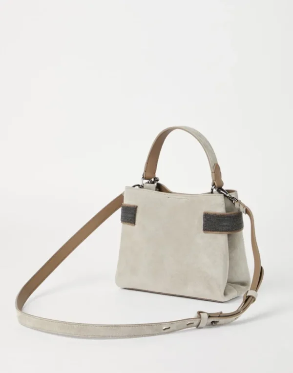 Essence small top-handle bag in suede with precious bands