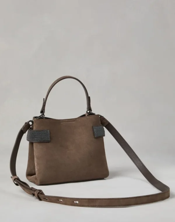 Essence small top-handle bag in suede with precious bands