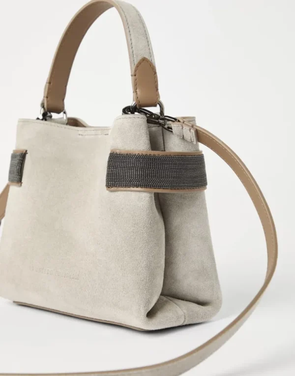 Essence small top-handle bag in suede with precious bands