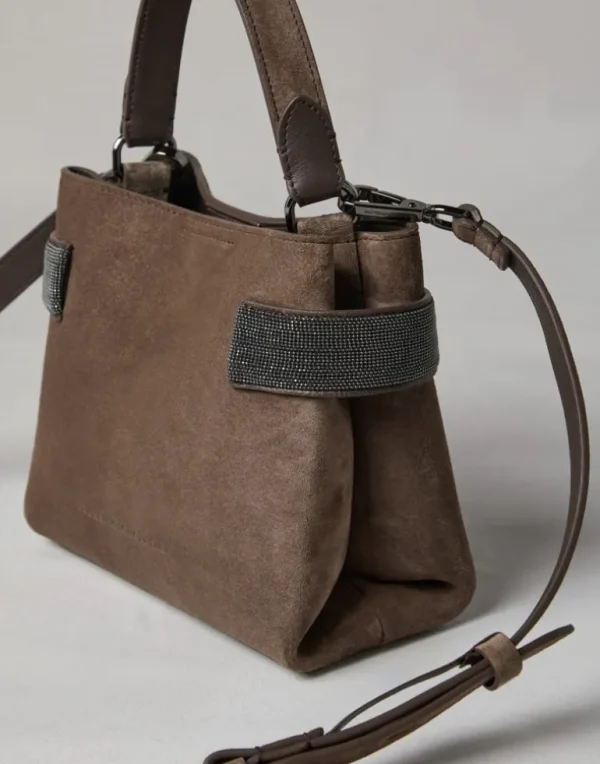 Essence small top-handle bag in suede with precious bands