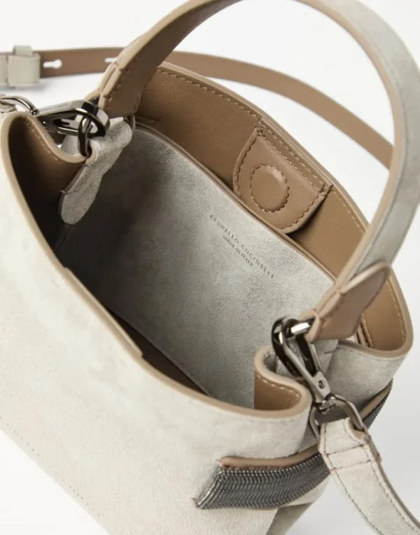 Essence small top-handle bag in suede with precious bands