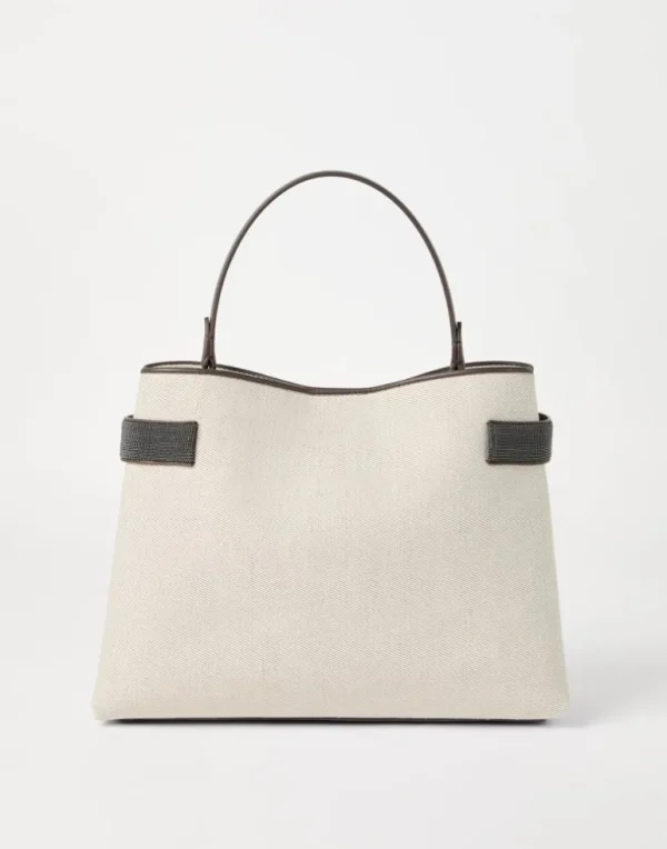 Essence top-handle bag in cotton and linen drill with precious bands