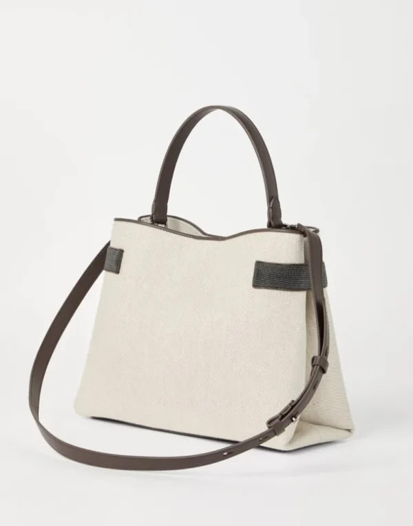 Essence top-handle bag in cotton and linen drill with precious bands