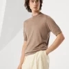 Extra-light silk and cotton knit T-shirt with mock neck