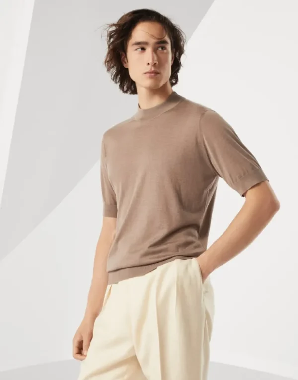 Extra-light silk and cotton knit T-shirt with mock neck