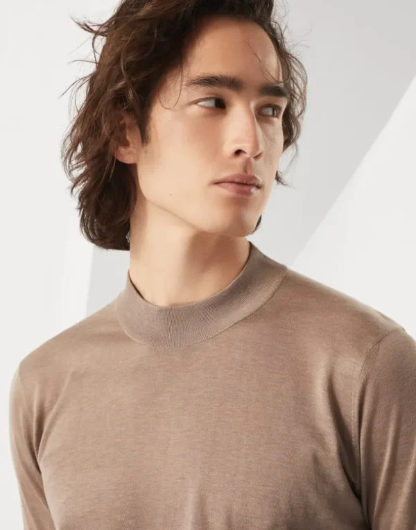 Extra-light silk and cotton knit T-shirt with mock neck