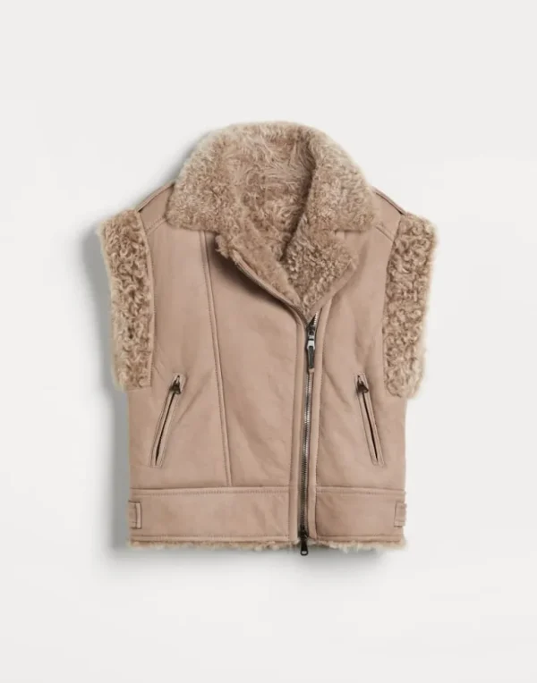 Fleecy shearling biker vest with monili