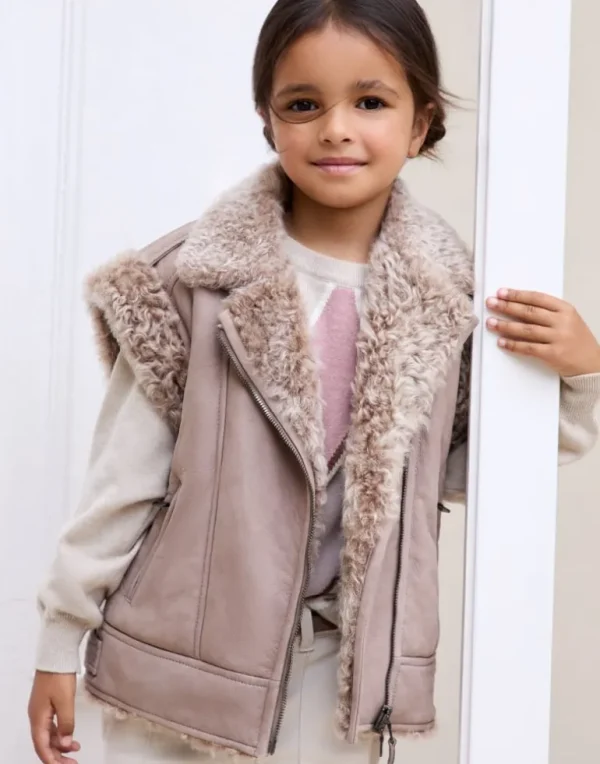 Fleecy shearling biker vest with monili