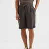 Garment-dyed Bermuda shorts in linen gabardine with drawstring and pleat