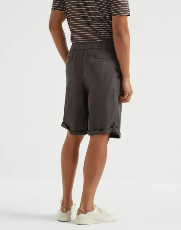 Garment-dyed Bermuda shorts in linen gabardine with drawstring and pleat