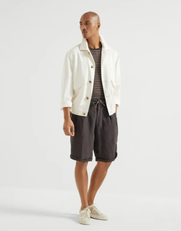 Garment-dyed Bermuda shorts in linen gabardine with drawstring and pleat