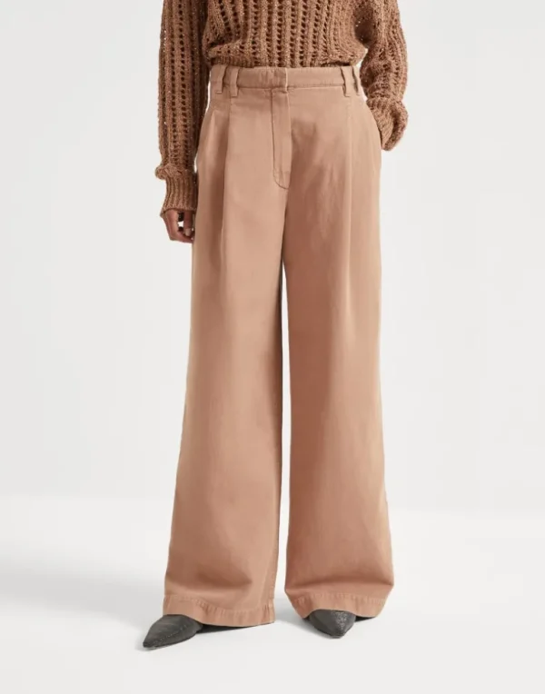 Garment-dyed cotton and linen cover smart wide trousers with monili