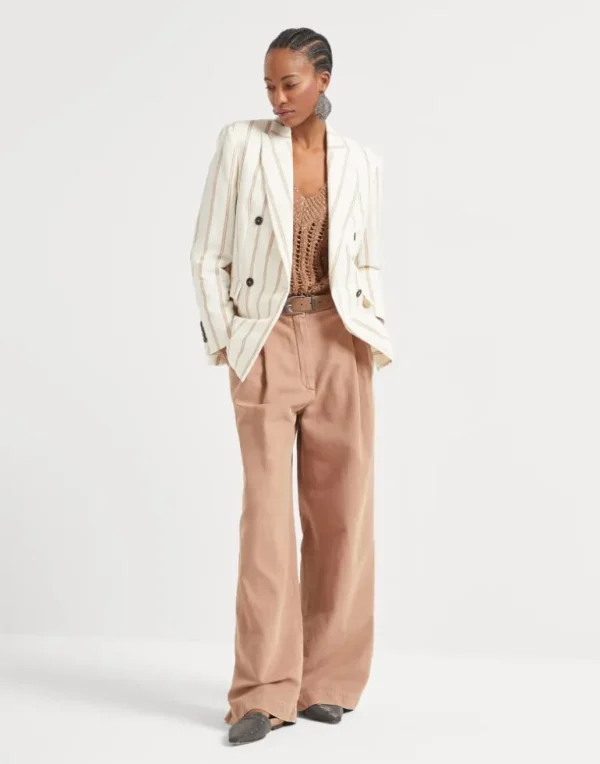 Garment-dyed cotton and linen cover smart wide trousers with monili