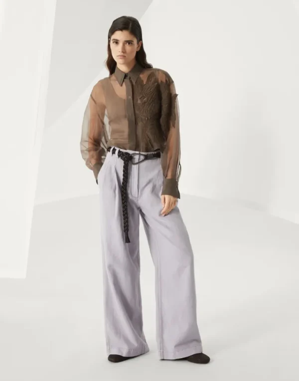 Garment-dyed cotton and linen cover smart wide trousers with monili