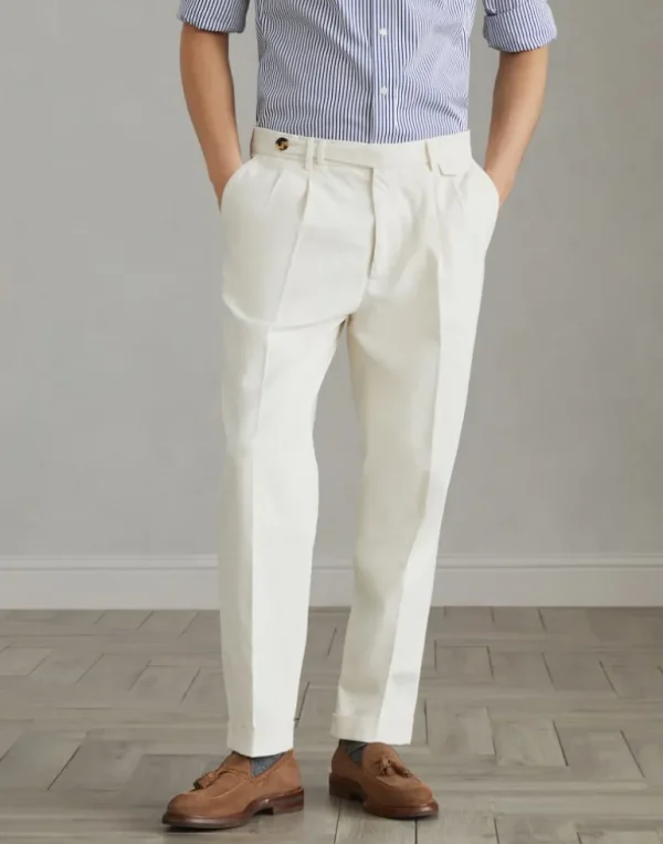 Garment-dyed leisure fit trousers in twisted cotton gabardine with double pleats and tabbed waistband