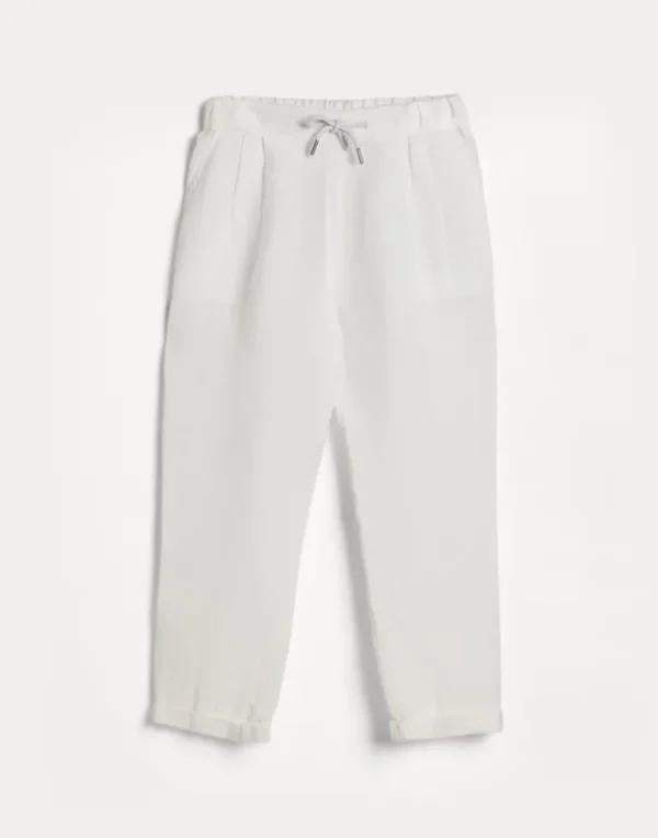 Garment-dyed linen gabardine trousers with drawstring and double pleats