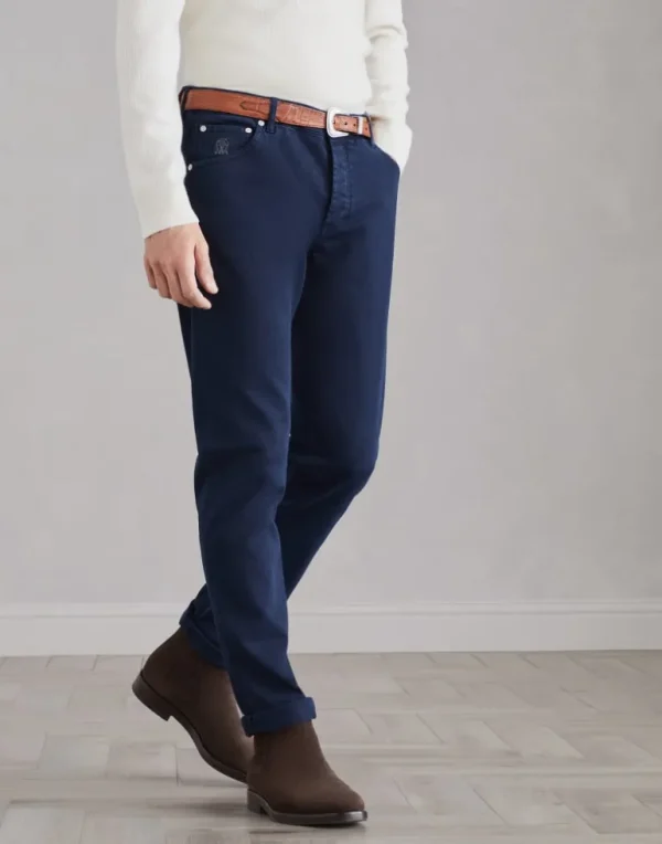 Garment-dyed slim fit trousers in comfort cotton lightweight denim