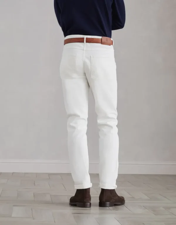 Garment-dyed slim fit trousers in comfort cotton lightweight denim