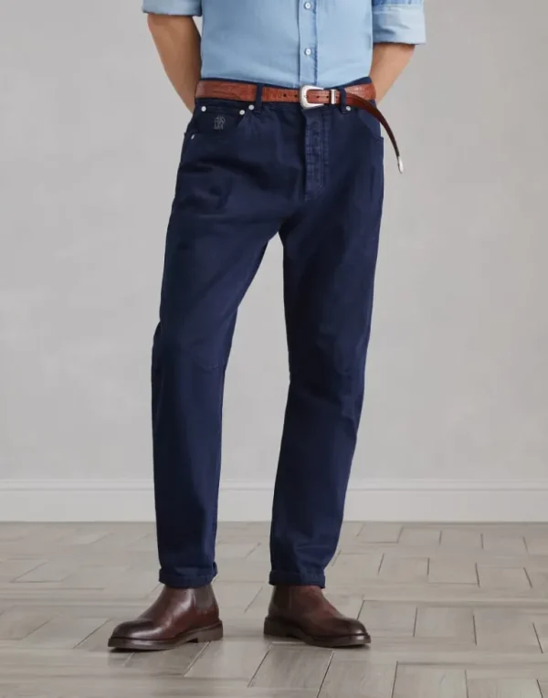 Garment-dyed slubbed denim leisure fit five-pocket trousers with rips