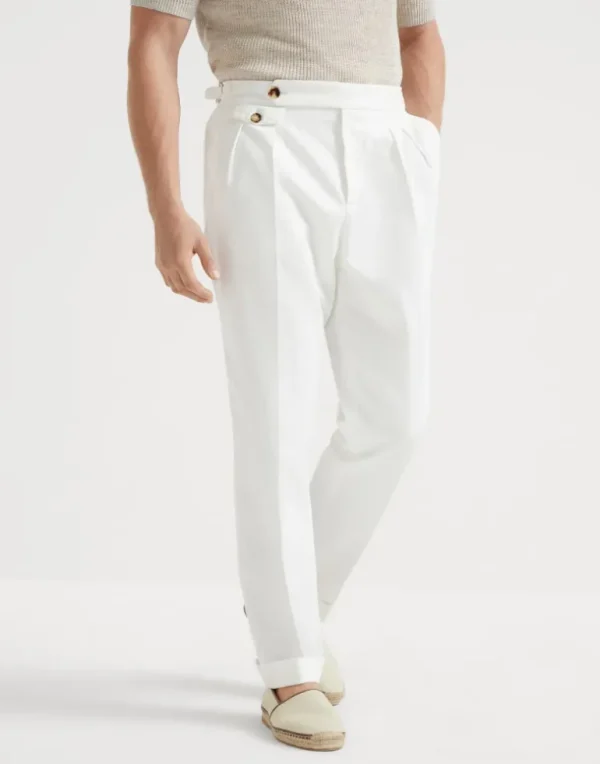 Garment-dyed tailor fit trousers in twisted cotton gabardine with double pleats and waist tabs