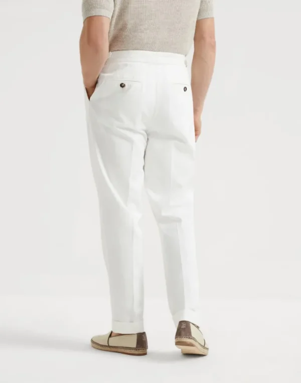 Garment-dyed tailor fit trousers in twisted cotton gabardine with double pleats and waist tabs