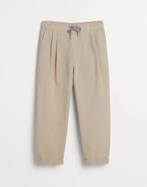 Garment-dyed trousers in twisted linen and cotton gabardine with drawstring