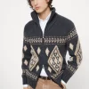 Geometric jacquard cardigan in cashmere feather yarn with zipper