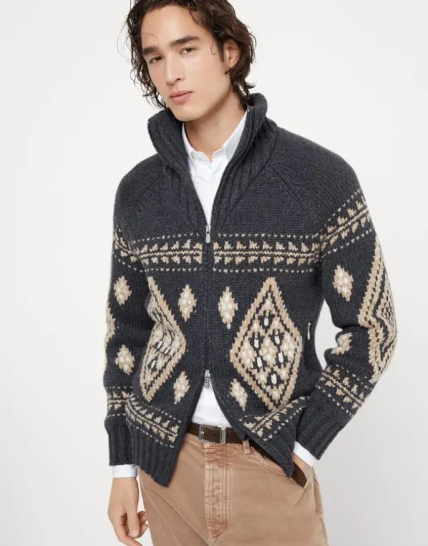 Geometric jacquard cardigan in cashmere feather yarn with zipper