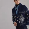 Geometric jacquard cardigan in cashmere feather yarn with shawl collar