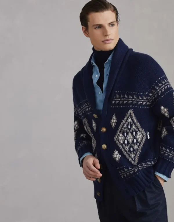 Geometric jacquard cardigan in cashmere feather yarn with shawl collar