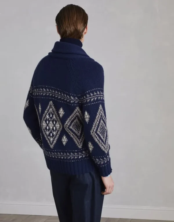 Geometric jacquard cardigan in cashmere feather yarn with shawl collar